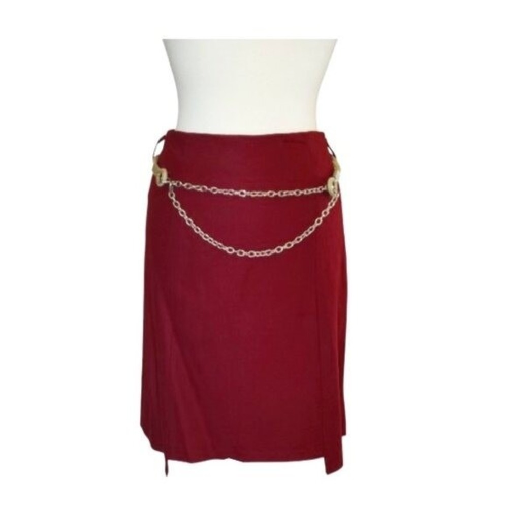 Manigance Paris Red Midi Pencil Notched Skirt with Rope and Chain Belt - 42 / 8